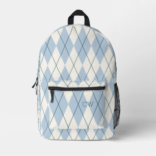 Cute Preppy Blue Argyle Print Monogram Initials Printed Backpack