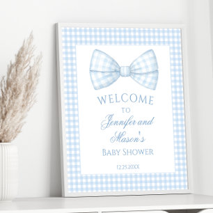Cute preppy blue gingham bow tie baby boy shower poster