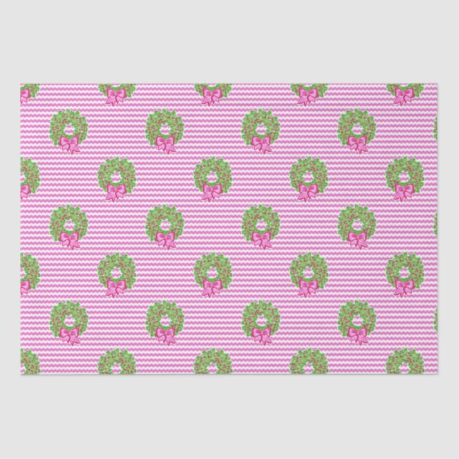 Cute Preppy Christmas Pink & Green Chevron Wreaths Tissue Paper (Front)
