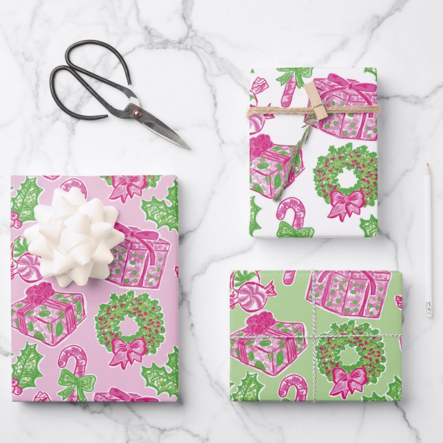 Cute Preppy Christmas Pink & Green Presents & Bows Wrapping Paper Sheet (Front)