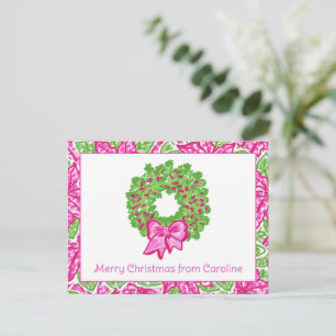 Cute Preppy Christmas Pink & Green Wreath  Holiday Postcard