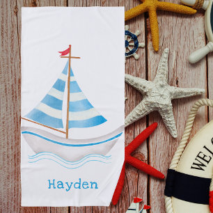 Cute Preppy Colourful Sailboat Boys Beach Towel