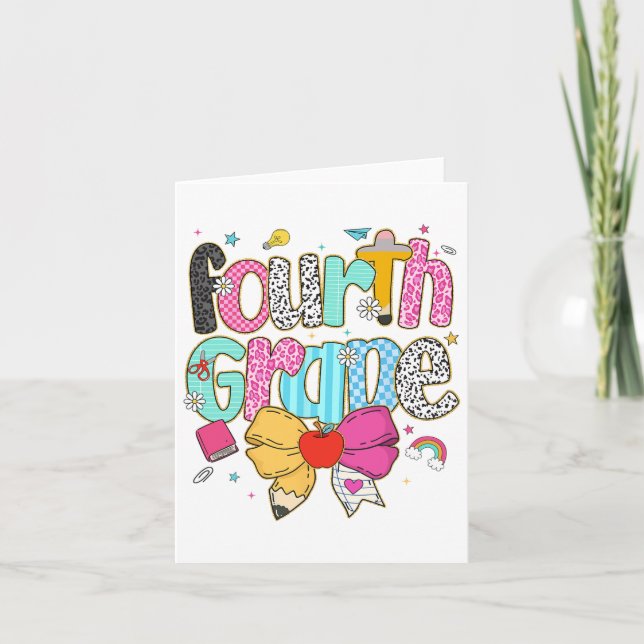 Cute Preppy Fourth Grade Teacher Leopard Coquette  Card (Front)