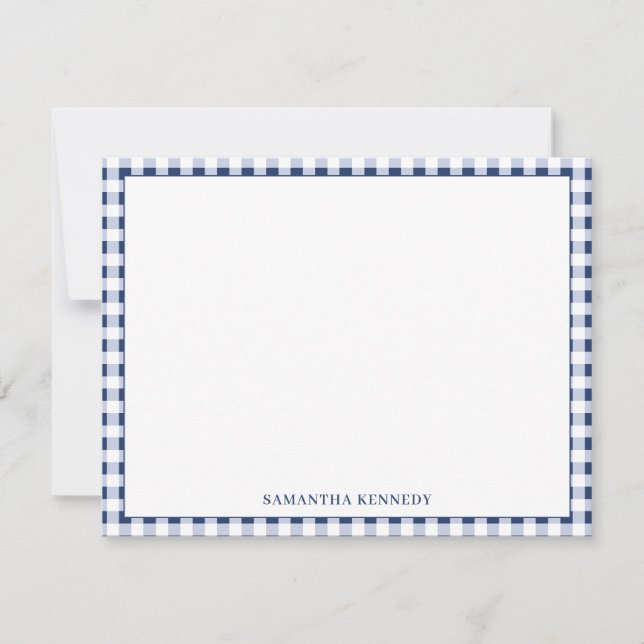 Cute Preppy Navy Blue Gingham Border Personalised Card (Front)