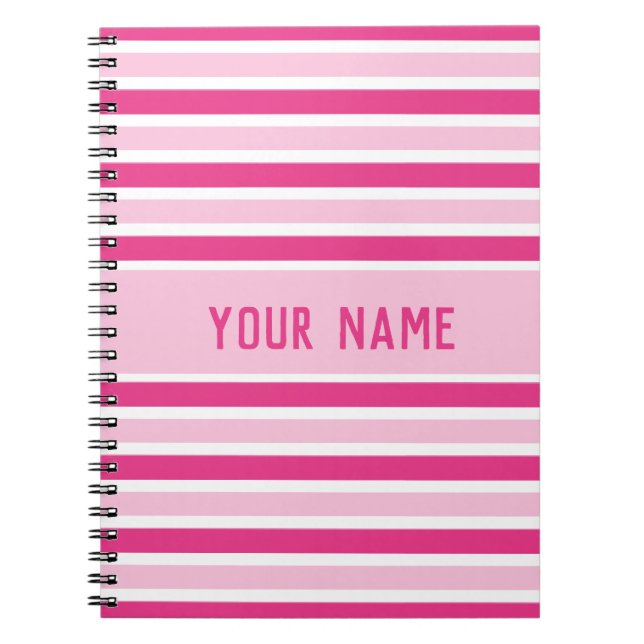 Cute Preppy Pink and White Stripes Name Notebook (Front)
