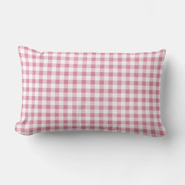Cute Preppy Pink Gingham Plaid Pattern Lumbar Cushion (Front)