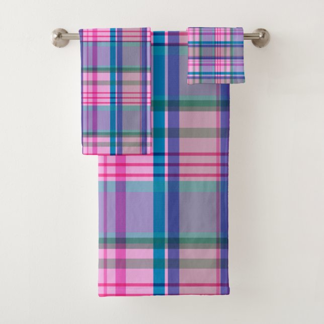 Cute Preppy Retro Plaid Pattern in Pink and Blue  Bath Towel Set (Insitu)