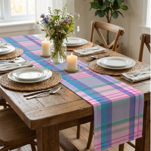 Cute Preppy Retro Plaid Pattern in Pink and Blue  Short Table Runner (Creator Uploaded)