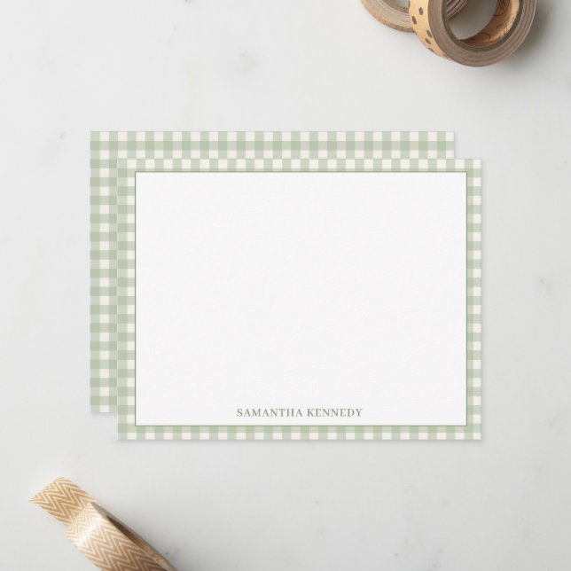 Cute Preppy Sage Green Gingham Border Personalised Card (Front/Back In Situ)