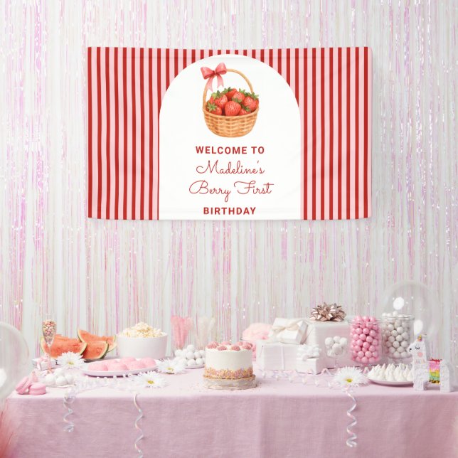 Cute Preppy Striped Berry First Birthday Welcome Banner (Party)