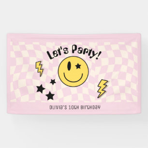 Cute Preppy Y2K Pink Smiley Birthday Party Banner