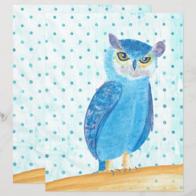 Cute Pretty Blue Purple Owl Scrapbook Paper (Front/Back)