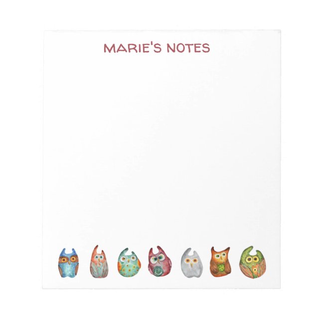 Cute Pretty Colourful Watercolor Owl Blank Notepad (Front)
