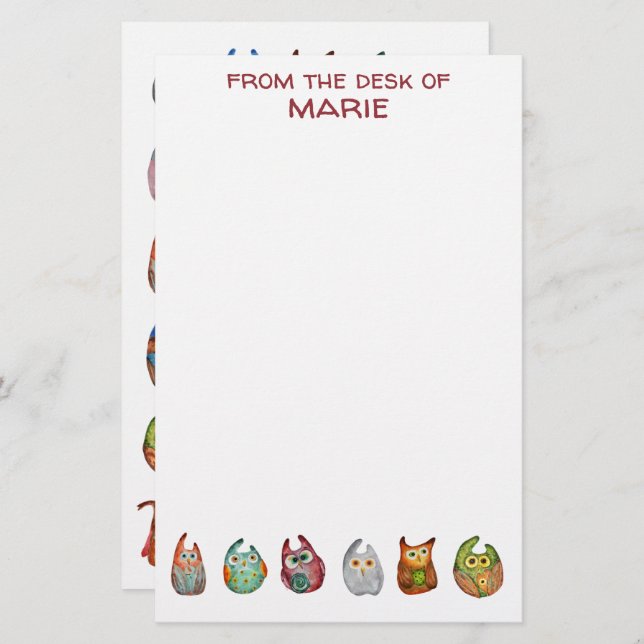 Cute Pretty Colourful Watercolor Owls Modern Stationery (Front/Back)