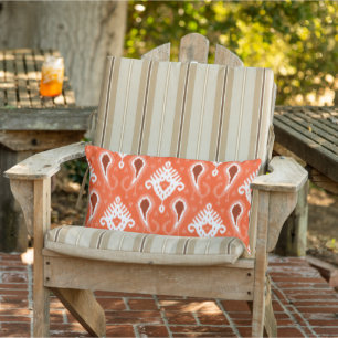 Cute Pretty Coral Orange Retro Ikat Tribal Pattern Lumbar Cushion