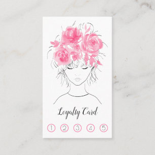 Cute pretty girl with pink watercolor roses-Floral Loyalty Card
