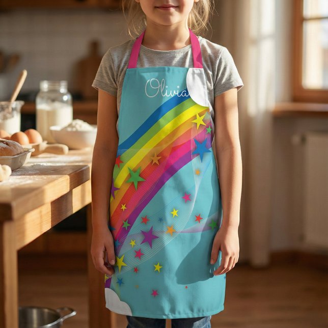 Cute Pretty Girly Rainbow Stars Sky Clouds & Name Apron (Creator Uploaded)