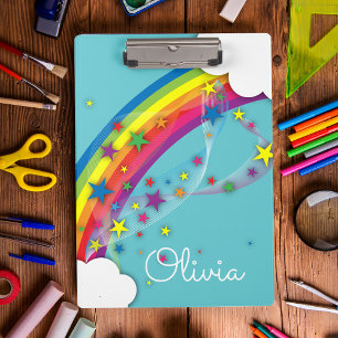 Cute Pretty Girly Rainbow Stars Sky Clouds & Name  Clipboard