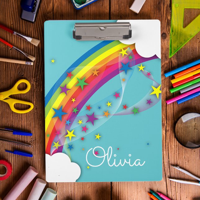 Cute Pretty Girly Rainbow Stars Sky Clouds & Name  Clipboard (Creator Uploaded)