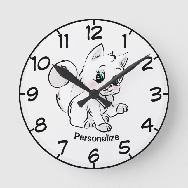 Cute & Pretty Kitten Cartoon Drawing Personalise Round Clock (Front)