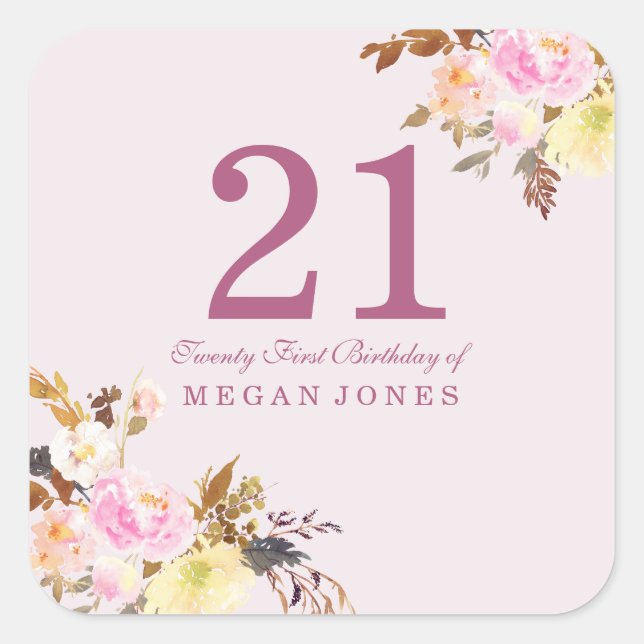 Cute Pretty Pink Peach Flower 21st Birthday Party Square Sticker (Front)