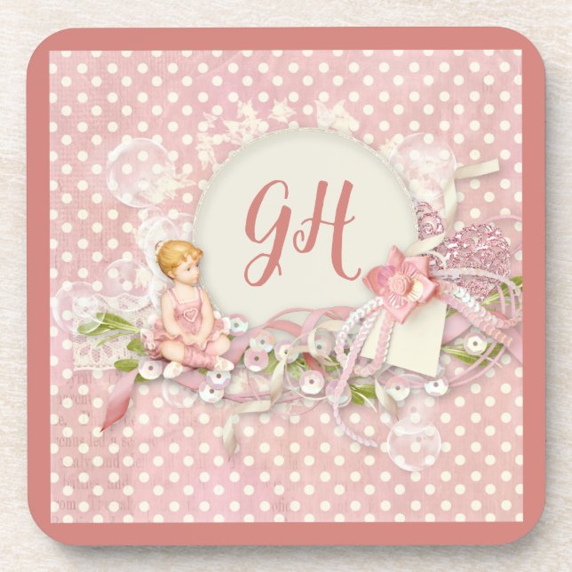 Cute & Pretty Pink Polka Dots Girly Monogrammed Coaster (Front)