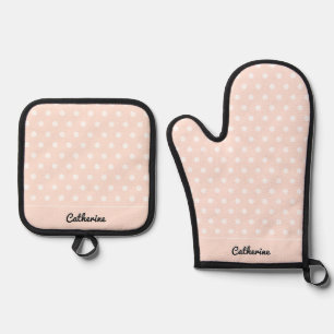 Cute Pretty Retro Polka Dots Pale Peach Custom Oven Mitt & Pot Holder Set