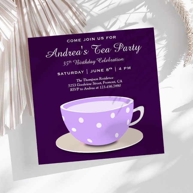 Cute Pretty Tea Cup | Purple Birthday Tea Party Invitation (Creator Uploaded)