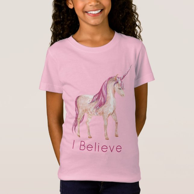 Cute Pretty Unicorn I Believe Pink T-Shirt (Front)