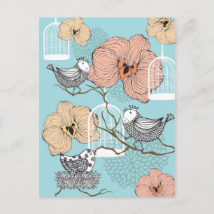 Cute Pretty Vintage Floral Birds & Birdcages Postcard