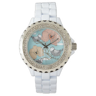 Cute Pretty Vintage Floral Blue Birdcages Design Watch