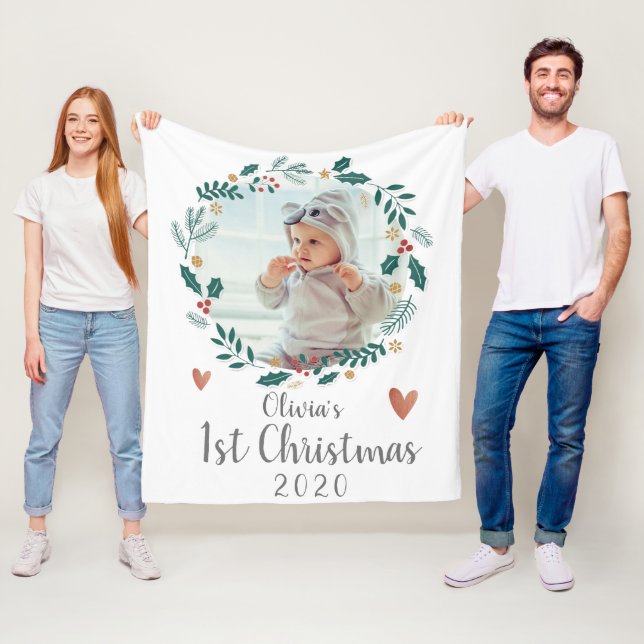 Cute Pretty Wreath Baby First Christmas Photo Fleece Blanket (In Situ)