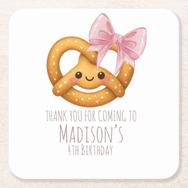 Cute Pretzel Girl Birthday Party Square Paper Coaster (Front)