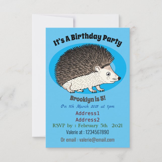Cute prickly hedgehog cartoon illustration invitation (Front)