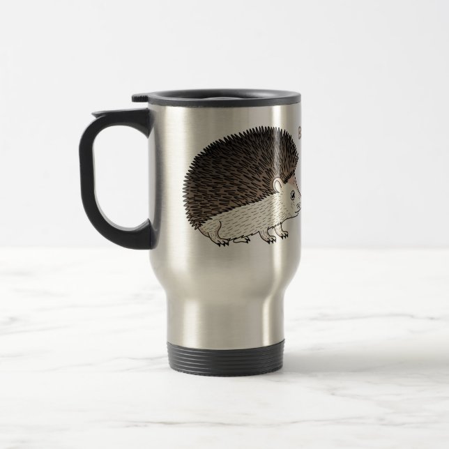 Cute prickly hedgehog cartoon illustration travel mug (Left)