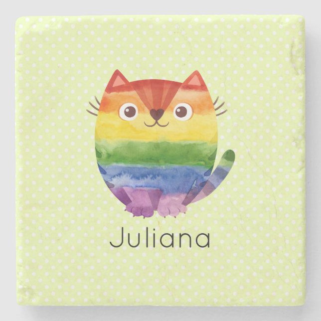 Cute Pride Kitty Watercolor  Stone Coaster (Front)