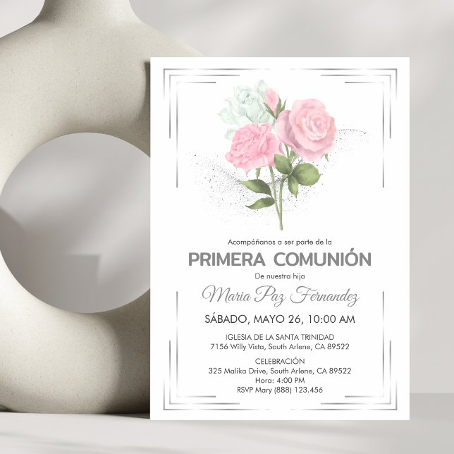 Cute Primera Comunion Pink Roses First Communion Invitation (Creator Uploaded)