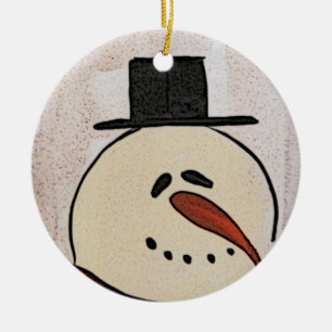 Cute Primitive Art Snowman Ceramic Tree Decoration