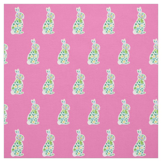 Cute Primroses Floral Bunnies Pattern on Pink Fabric (Swatch)