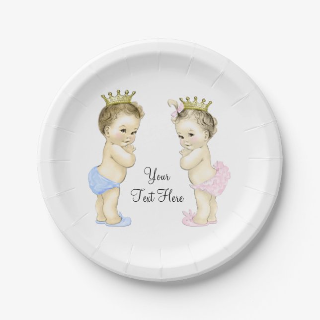 Cute Prince and Princess Boy and Girl Twin Baby Paper Plate (Front)