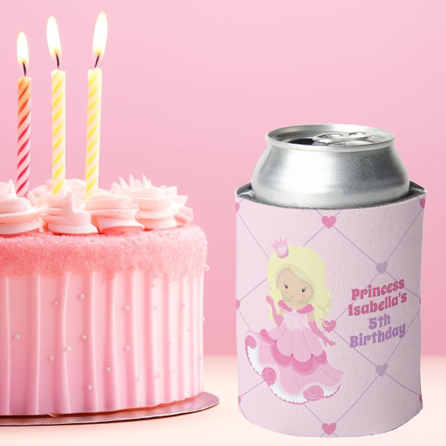 Cute Princess Birthday Party Pink Personalised Can Cooler (Creator Uploaded)