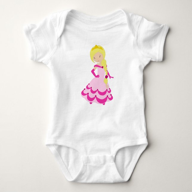 Cute Princess, Blonde Hair, Crown, Pink Dress Baby Bodysuit (Front)