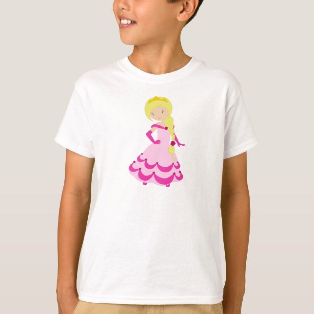 Cute Princess, Blonde Hair, Crown, Pink Dress T-Shirt (Front)
