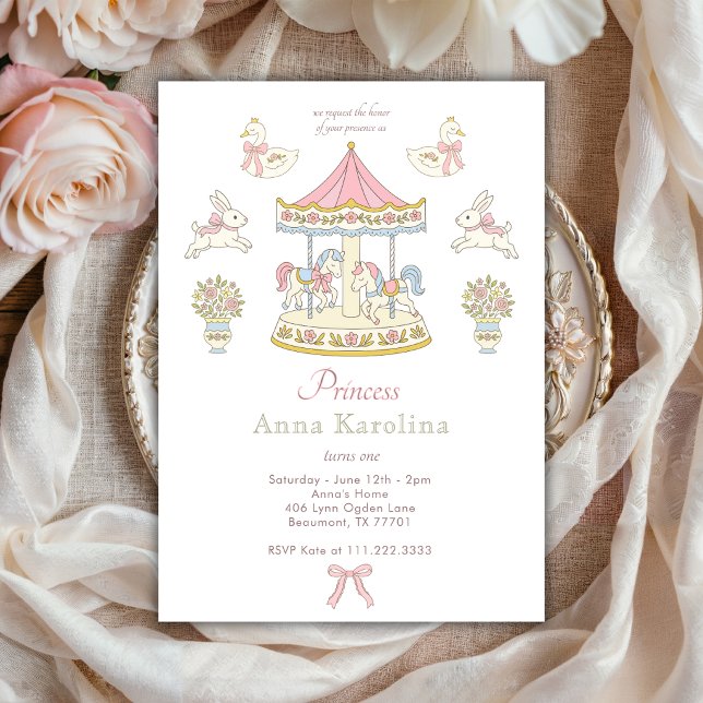 Cute Princess Carousel Swans Fairytale Birthday  Invitation (Creator Uploaded)
