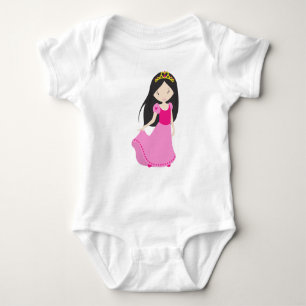 Cute Princess, Crown, Black Hair, Pink Dress Baby Bodysuit