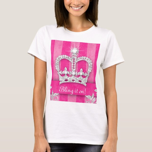 Cute Princess Crown Bling It On Pink Silver T-Shirt (Front)