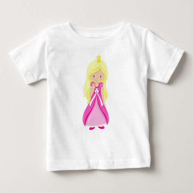 Cute Princess, Crown, Blonde Hair, Pink Dress Baby T-Shirt (Front)