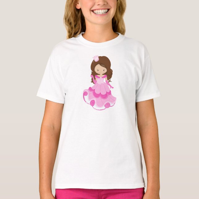 Cute Princess, Crown, Pink Dress, Brown Hair T-Shirt (Front)