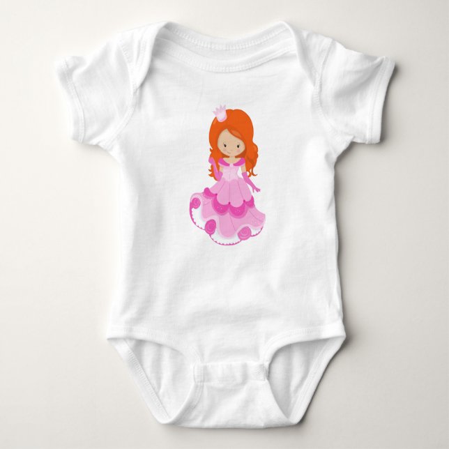 Cute Princess, Crown, Pink Dress, Orange Hair Baby Bodysuit (Front)