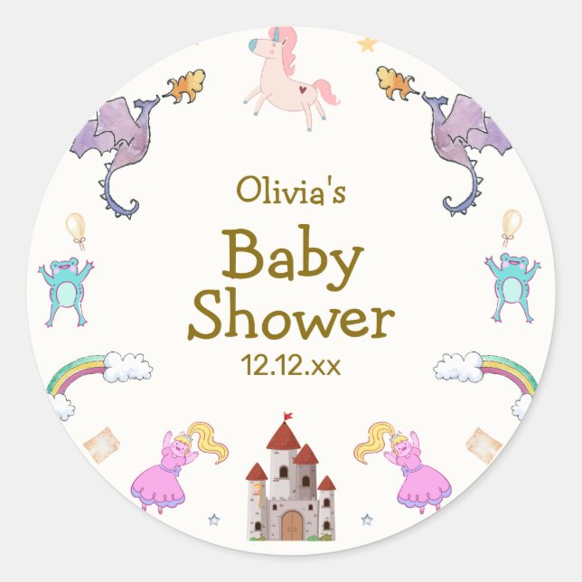 Cute Princess Dragon Unicorn Baby Shower Classic Round Sticker (Front)